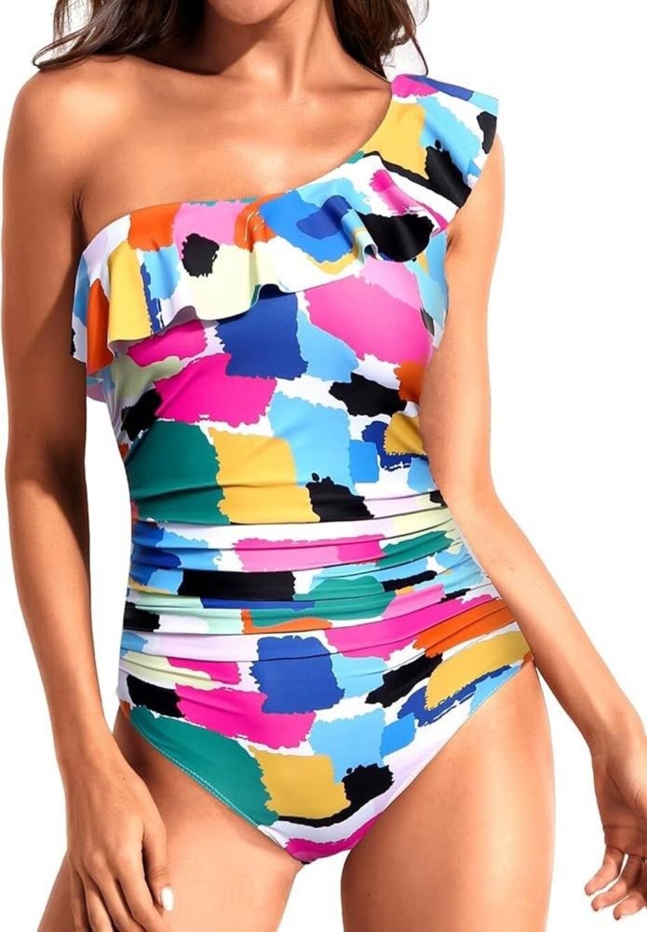 Tempt Me One Shoulder Ruffle Swimsuit XS Color Block Tummy Control NWT